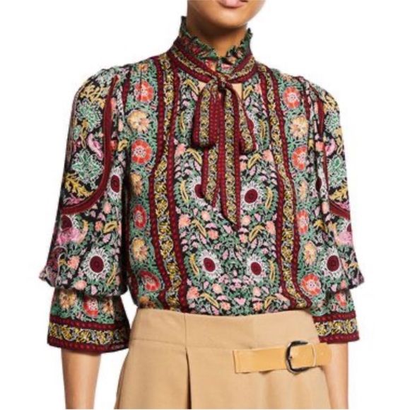 Alice + Olivia Reilly Ruffle Collar Blouse in Floral Pot Blk Multi, NWOT - Picture 1 of 8